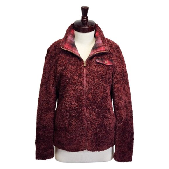 Pendleton Jackets & Blazers - Pendleton Hi-Pile Fuzzy Sherpa Full Zip Fleece Jacket Maroon Plaid Trim Womens L